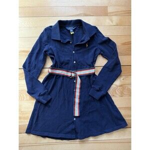 Girls Polo Ralph Lauren Belted Knit Oxford Dress S Small (7) Navy Blue
